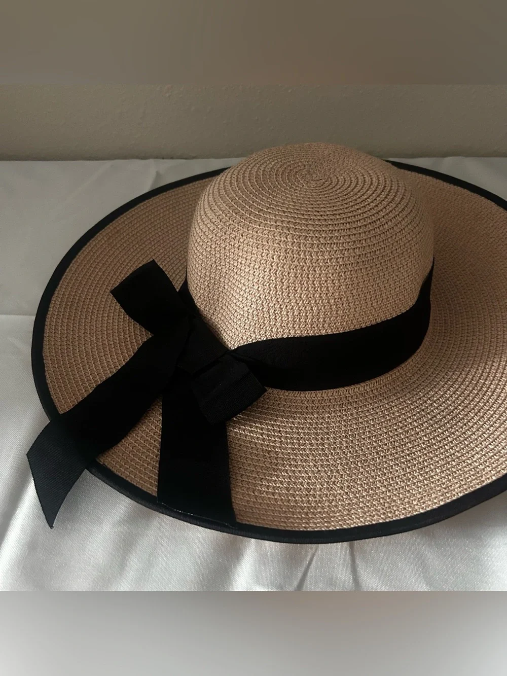 Wide Brim Sun Hat with Black Ribbon Trim